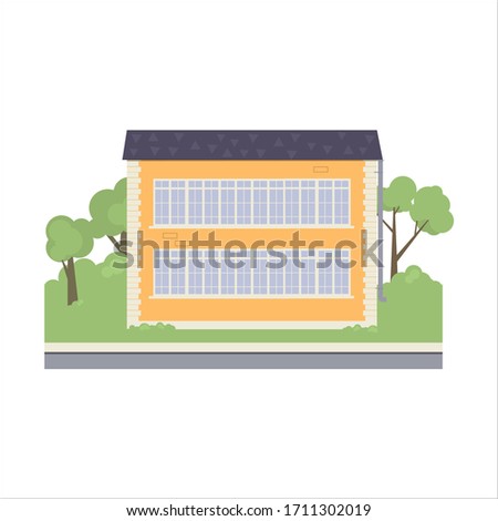 Yellow building on a green lawn with shrubs and trees. Vector illustration, flat cartoon design.