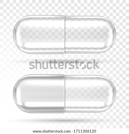 Empty pill capsules isolated on transparent background. Vector realistic mockup of pharmaceutical capsule, medical tablet, antibiotic or herbal drug. Closed clear glass or plastic cylinder Royalty-Free Stock Photo #1711306120