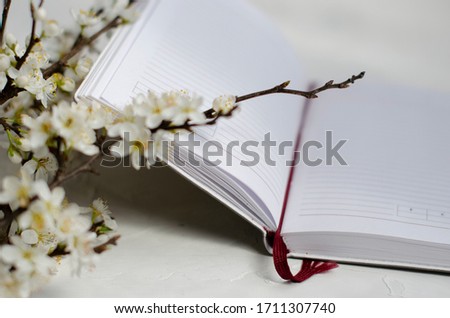gray notebook on a white background with flowering tree branches