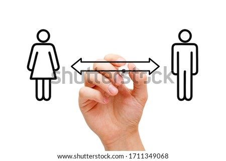 Hand drawing a social distancing, divorce, restraining order or separation concept with two figures and an arrow between them. Royalty-Free Stock Photo #1711349068