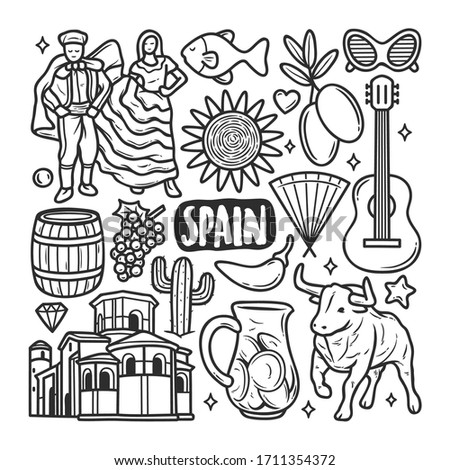 Spain Icons Hand Drawn Doodle Coloring Vector