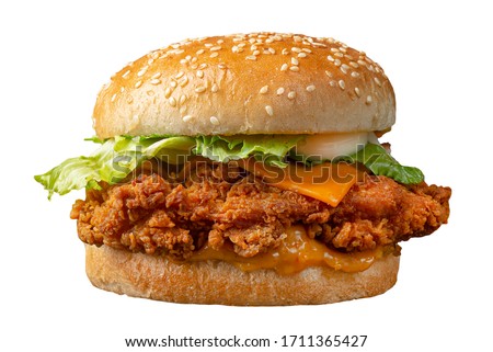 CRISPY CHEESY CHICKEN PATTY BURGER  ON WHITE PNG Royalty-Free Stock Photo #1711365427