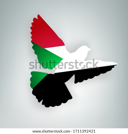 State flag of Sudan (Republic of  the Sudan) in the shape of a bird. Flying dove flaps its wings on a gray background. Symbol of love and peace concept. Vector illustration