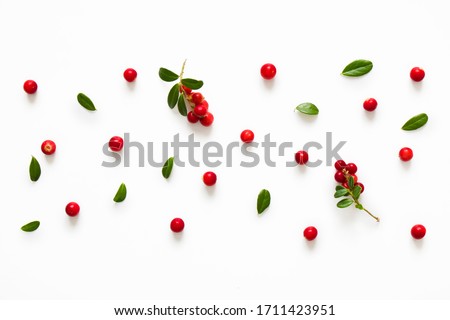 Beautiful Background of fresh Vaccinium vitis-idaea berries or cowberry, lingonberry. Lot red lingonberry berries and green leaves isolated on white Background. Top view, Flat lay. Food Wallpaper Royalty-Free Stock Photo #1711423951