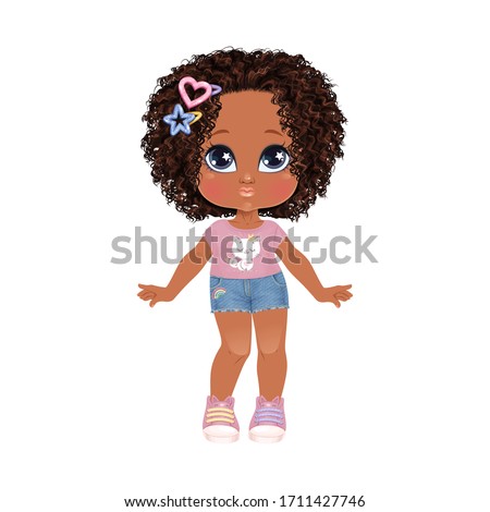 Beautiful toddler girl with set of clothes. Paper doll for dress up game. Isolated vector illustration.