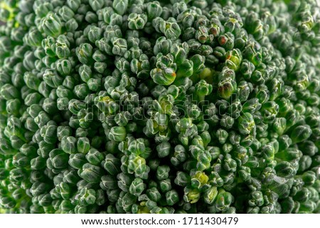 Closeup macro green texture view on broccoli vegetable inflorescences background, horizontal format