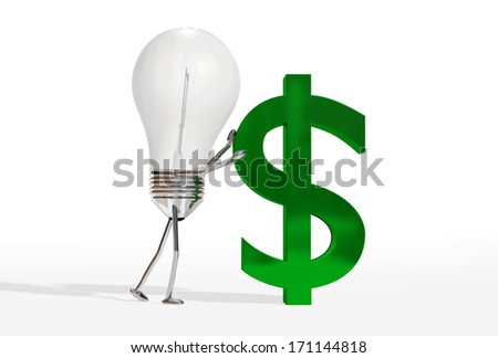 Concept image of a lightbulb character pushing a dollar sign isolated on a white background.