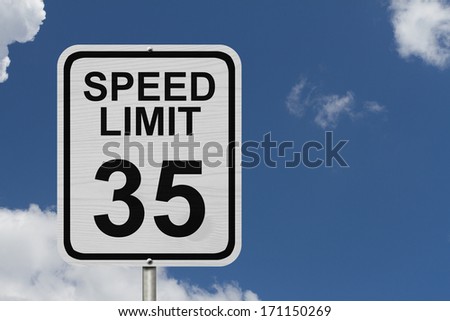 A white American road sign with words Speed Limit and 35 with sky background, Speed Limit 35 Sign