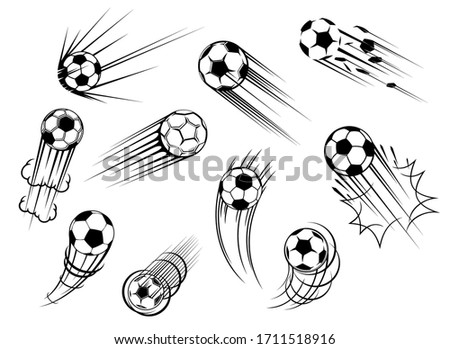 Soccer and football ball flying with goal kick trace, vector icons. Soccer sport club and football college team tournament and sport game match cup balls symbols