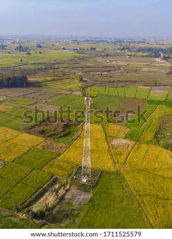 A telecommunication cell tower in the middle of a green rice paddy field. Aerial view from drone.