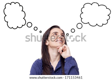 Thinking woman with empty bubbles on white background 