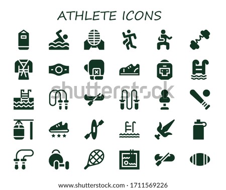 athlete icon set. 30 filled athlete icons.  Simple modern icons such as: Punching bag, Swimming, Martial arts, Run, Barbell, Judo, Champion belt, Boxing gloves, Sneakers, Boxer