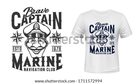 Marine T-shirt print, captain in hat with anchor, vector grunge navy blue template mockup. Sea and ocean ship and seafaring navigation club sign with blue grunge compass or wind rose emblem