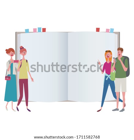 Illustration of books and people traveling