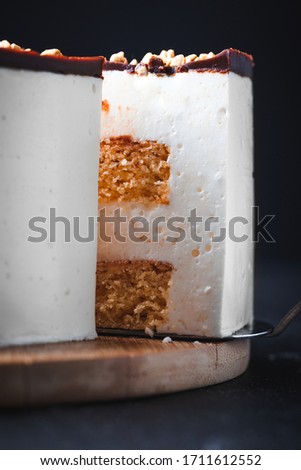 Cake with shortbread, yogurt and chocolate icing and pine nuts on a wooden stand on the black concrete background. Delicious dessert, yogurt cake slice with chocolate. Bird's milk dessert.