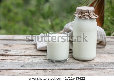 Fresh organic milk in glass and bottle on rustic wooden table on nature background. Vegetable milk, vegan milk, Kefir, or Turkish Ayran drink for helthy eating. Space for text Royalty-Free Stock Photo #1711643422