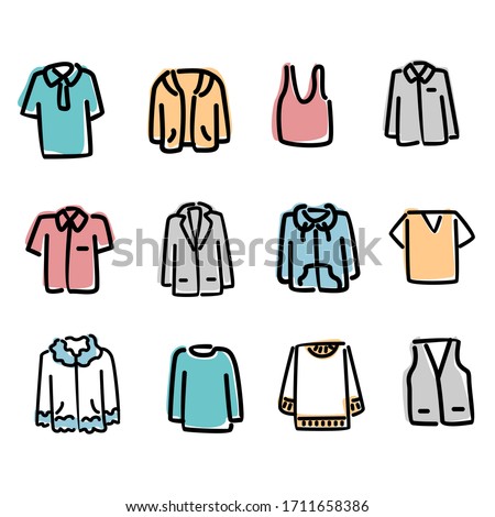 Icon set of shirts. Shirt, long sleeve, jacket, hoodie, t-shirt, vest and tank top. Vector icon color Royalty-Free Stock Photo #1711658386