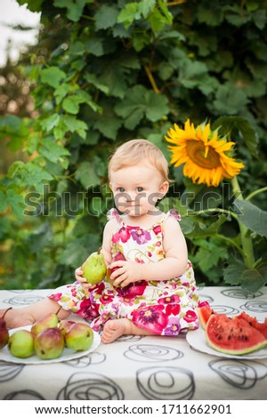 little girl of 10 months on the street in the yard in the summer in a colored dress there is a red juicy watermelon