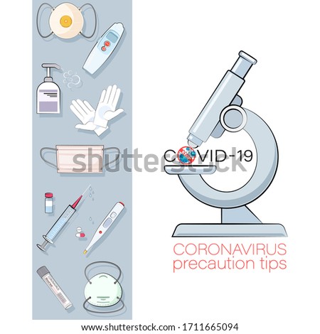 Covid-19. Microbiology, microscope. Set. Poster with signs, icons. Vector illustration for science and medical use, informing, preventing the spread of infections.