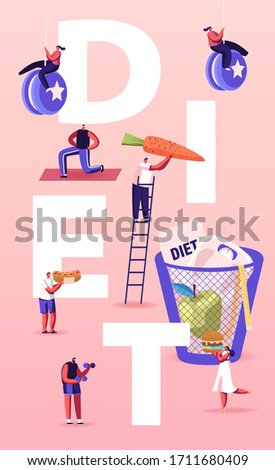 Diet Concept. Tiny Characters Enjoying Unhealthy Junk Food. People Healthy Lifestyle, Eating Fast Food. Man Throw Weights and Carrot into Litter Bin Poster Banner Flyer. Cartoon Vector Illustration