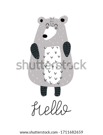 hello. cartoon bear, hand drawing lettering. flat style, colorful vector for kids. baby design for cards, poster decoration, t-shirt print