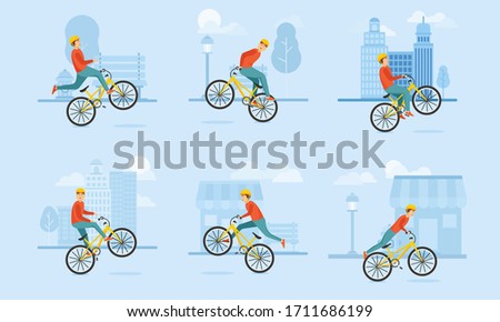 Set of a young boy in helmet rides a BMX bicycle and performs various complex tricks. Vector illustration in flat cartoon style