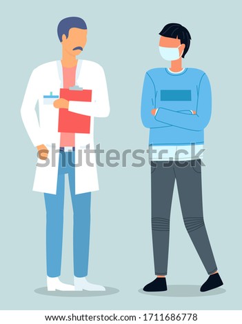 Patient talking with doctor holding folder with anamnesis in hands. Coronavirus pandemic. Man wearing protective facial mask with health specialist. Flat vector illustration with cartoon characters