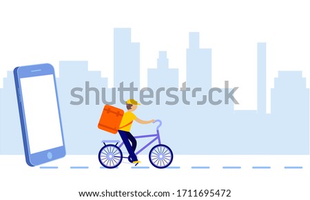 Delivery man rides a bicycle. Bike for delivery in flat style. Concept of delivery service, courier service, goods shipping, food online ordering in flat. 