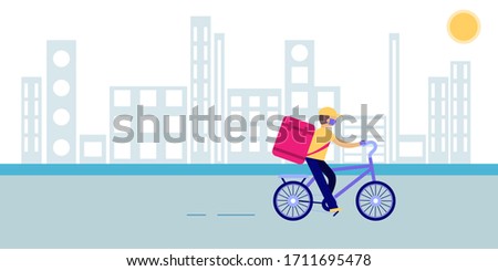 Delivery man rides a bicycle. Bike for delivery in flat style. Concept of delivery service, courier service, goods shipping, food online ordering in flat. 