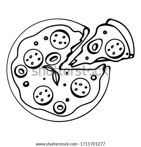Pizza with a sliced slice with pepper, olive, pepperoni outline digital doodle art. Print for cards, banners, posters, menus, restaurants, cuisine, fabrics, stickers, children's and adult coloring.