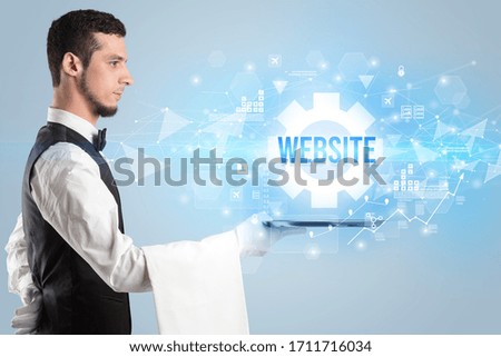 Waiter serving new technology concept with WEBSITE inscription