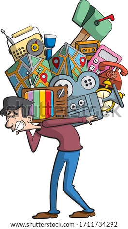 Cartoon style illustration of a guy carrying a television, movie projector, alarm clock, dial telephone, calculator, music tape, folded map, mailbox, torch and wireless radio in a bunch on his back.