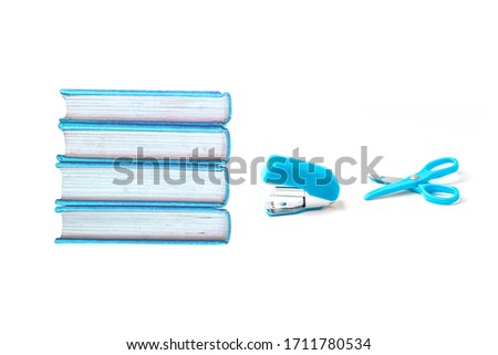 stack book and stationery isolated on white background, 