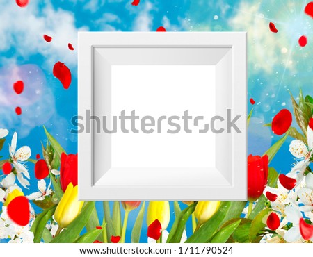 White frame on beautiful floral background with sky and sunny highlights