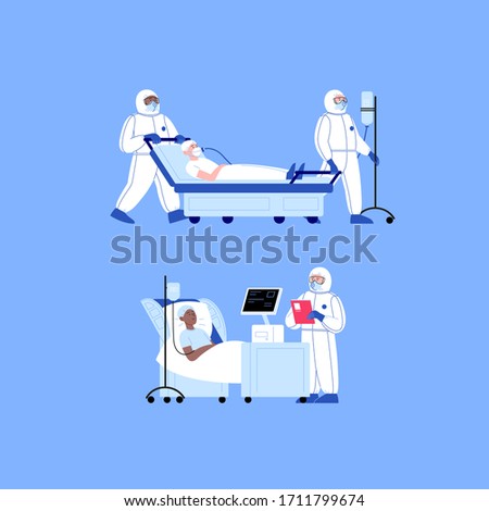 Professional doctor wearing covid-19 protection suit checking up the patient at the hospital. Two doctors transporting the patient on the bed. Virus outbreak concept Royalty-Free Stock Photo #1711799674