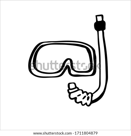 Vector image isolated on a white background. In doodle style. Mask and snorkel for diving in the seas and ocean. Diving at sea - look at algae and karalda. For coloring books and stickers.