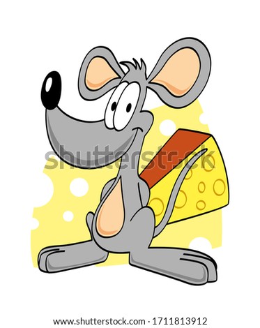Cute grey smiling mouse standing with cheddar cheese in the background. Cartoon style vector illustration.