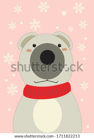 little bear in the snow on a pink background 