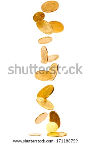 Heap of falling old gold coins isolated on white 