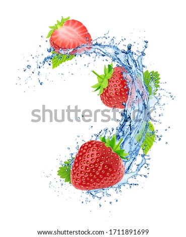 Strawberry with leaves in water splashes isolated on white background.