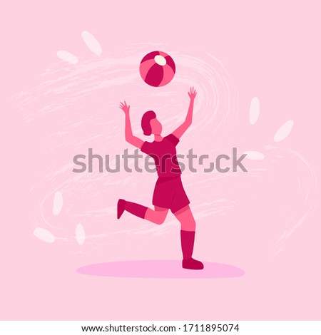 Girl playing with ball vector flat illustration. Woman in sport clothes on pink background hand drawn concept.
