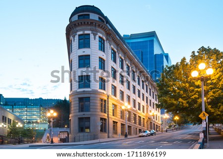 The yesler Municipal Building at Pioneer Square district at dawn, Seattle, Washington State, United States Royalty-Free Stock Photo #1711896199