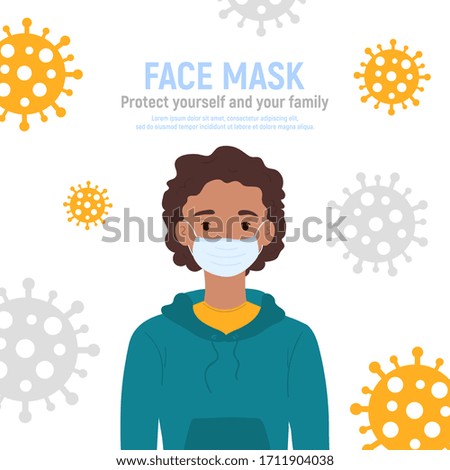 Boy with medical mask on face to protect him against coronavirus covid-19, 2019-nCov isolated on white background. Kids virus protection concept. Stay safe. Vector illustration