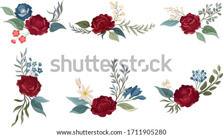 Flower Arrangement with Showy Rose Blossom in the Middle and Branched Twigs Vector Set