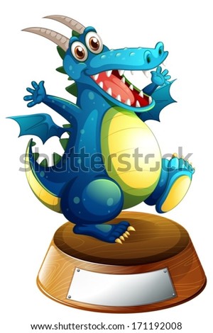 Illustration of a blue dragon and an empty label on a white background