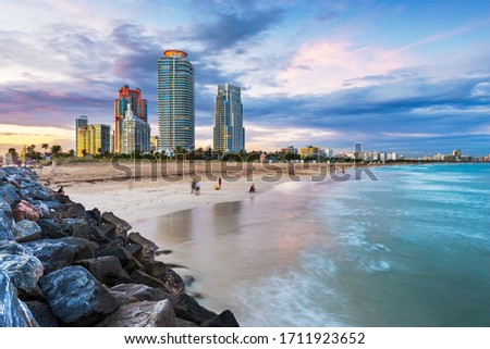 Miami, Florida, USA at South Beach at dusk.