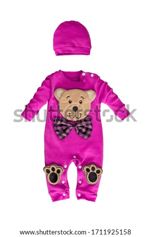 Baby hot pink clothes with teddy bear and checkered bow tie isolated on white background, clothes for newborn kids