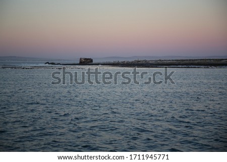 A beautiful calm sunset at sea with birds flying over an island reserve