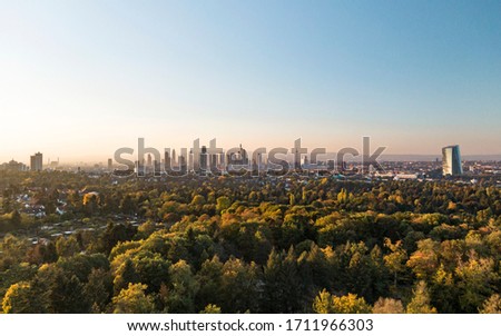 Cinematic Aerial of Frankfurt Skyline panorama at sunset