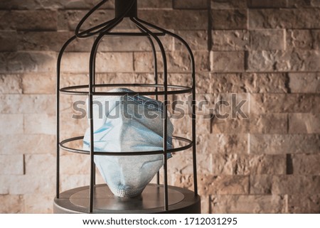 Concept medical mask trapped in a cage. Confinement due to the covid-19 coronavirus pandemic. The world isolated at home by the virus, anguish and loneliness.


